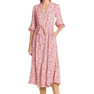 By Timo Pink Floral Puff Sleeve Midi Dress Size Small Preppy Spring Party Formal